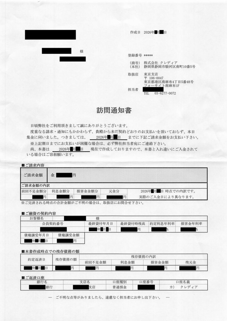 株式会社クレディア（東京支店）の現地訪問を予告する「訪問通知書」の現物