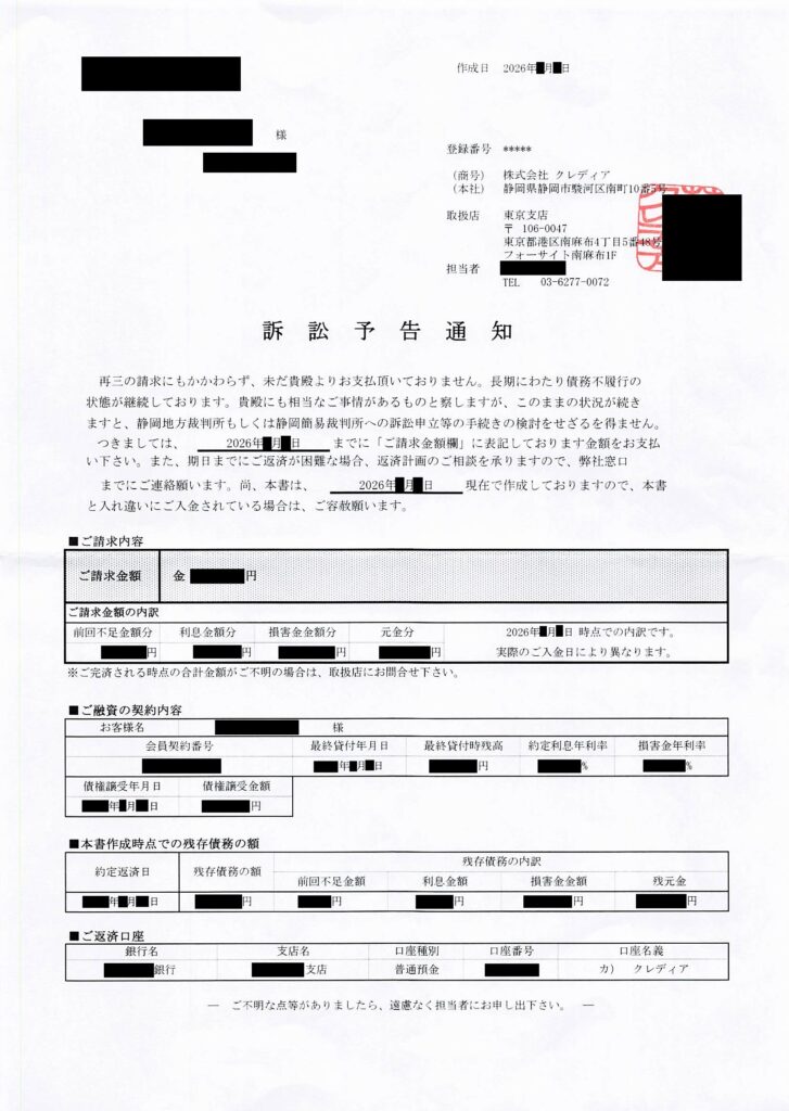 株式会社クレディアから届く「訴訟予告通知」の現物